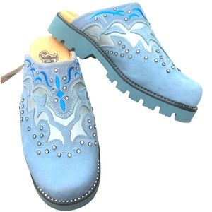 Y2K Justin Boots Light Blue Suede Embellished Clogs